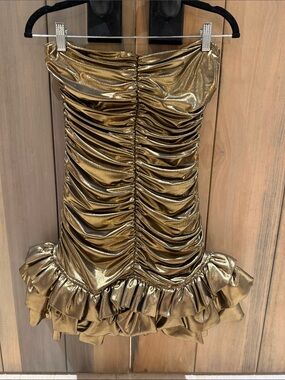 Metallic Gold Ruched Mini Dress with Ruffle Hem- House of Amen
